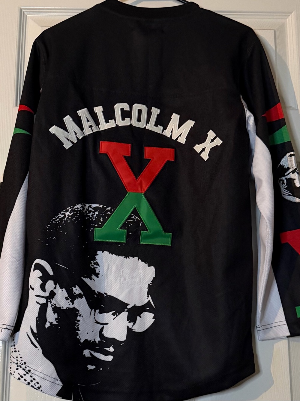 Malcolm X Graphic Long-Sleeve Shirt in Black with Red & Green Accents